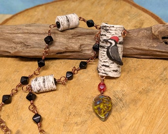 Artisan Ceramic Woodpecker Birch Tree Pendant, Ceramic Art Bead Necklace, Wire Wrapped Copper Chain Necklace