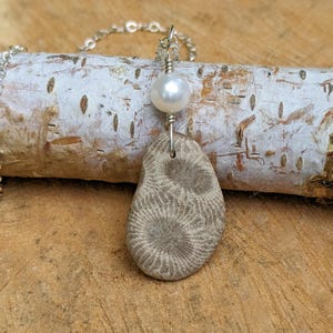 Sterling Silver Petoskey and Freshwater Pearl Necklace, Lake Michigan Jewelry, Beach Stone, Petoskey Jewelry, Petoskey Stone Pendant