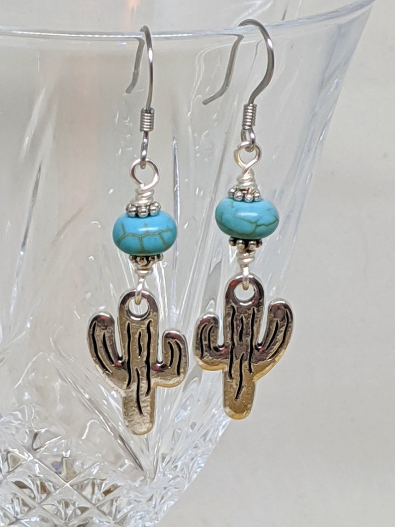 Turquoise Howlite Cactus Earrings, Cactus Jewelry, Succulent Earrings, Gift for Her, Silver Turquoise Cactus Earrings image 3