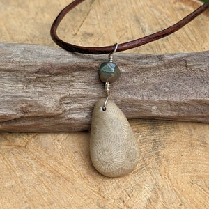 Wire Wrapped Petoskey Stone Necklace: Sterling Silver Fossil Jewelry