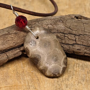 Petoskey Stone Necklace: Red Crystal Accent, Sterling Silver Wire Wrapped