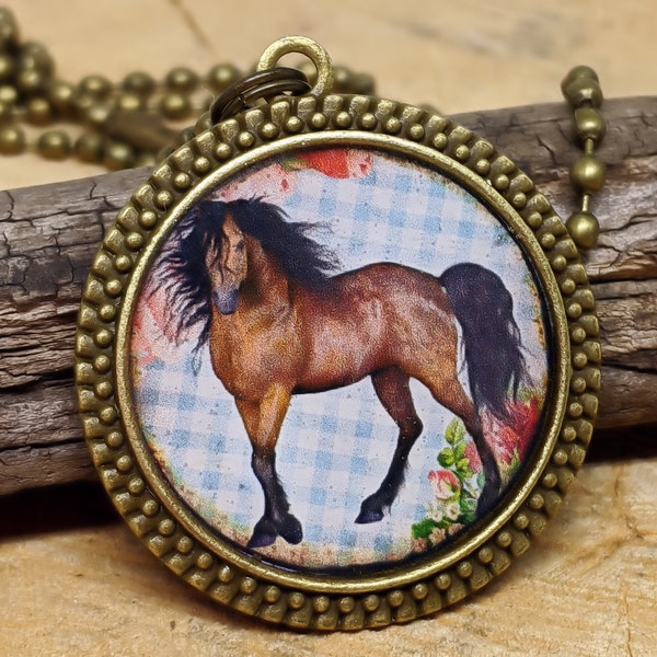 Horse Pendant, Horse Jewelry, Equine Jewelry - Bay Horse Antique Brass Round Resin Pendant, Horse Lover Gift, Horse Necklace, Horse Charm