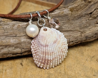Florida Seashell Pendant: Peach Crystal, Pearl, Leather Cord Necklace