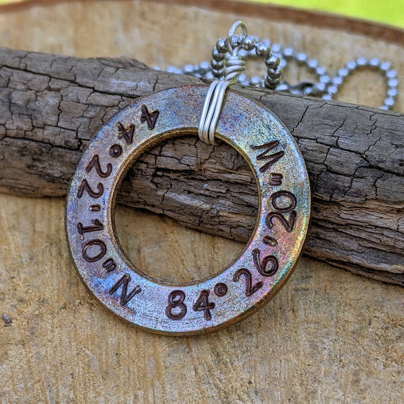 Coordinates Personalized Pendant Hand Stamped Bronze Washer Etsy