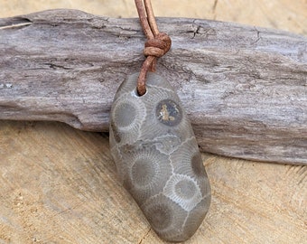 Pode incluir: Um pingente de pedra fossilizada cinza e marrom com um cordão de couro. A pedra tem um padrão circular.