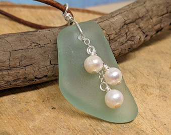 Freshwater Pearls and Beach Glass Pendant, Real Beach Glass Necklace, Sea Glass Jewelry