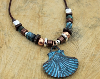 Patina Scallop Shell Ceramic Beads Necklace, Leather Cord Necklace, Greek Mixed Metals Ceramic Beads Necklace, Beach Jewelry, Beach Boho