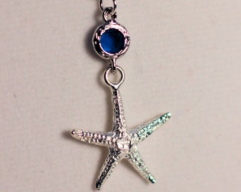 Silver Starfish Pendant Necklace: Beach Boho Jewelry, Blue Crystal