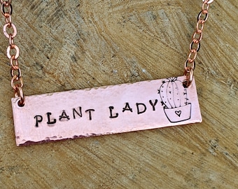 Plant Lady Copper Bar Necklace, Cactus Pendant, Minimalist Jewelry, Plant Lover Necklace, Hand Stamped Jewelry, Copper Pendant