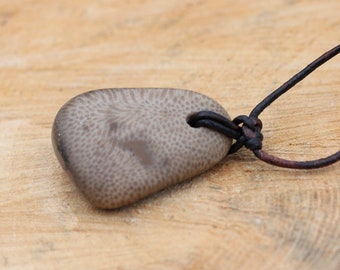 Charlevoix Stone Pendant: Lake Michigan Fossil on Leather Cord