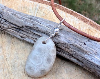Petoskey Stone Necklace: Sterling Silver Wire Wrapped Natural Stone Pendant