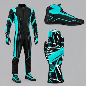 May include: A black and cyan racing suit with long sleeves and matching pants, a pair of black and cyan high-top racing shoes, and a single racing glove featuring a black, white, and cyan geometric pattern with a long cuff design.