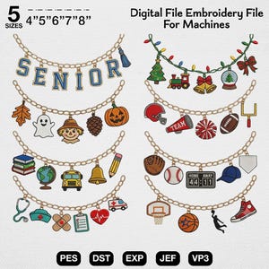 Könnte beinhalten: Eine digitale Stickdatei für Maschinen mit acht goldenen Kettenmotiven, die mit verschiedenen Anhängern verziert sind. Die Anhänger zeigen das Wort SENIOR, Lichterketten, Schulsachen, Sportausrüstung und medizinische Symbole. Text 5 SIZES 4" 5" 6" 7" 8" und PES DST EXP JEF VP3.