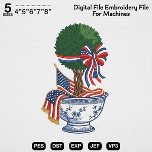 May include: Digital embroidery file featuring a topiary tree with a patriotic theme. The tree is adorned with a red, white, and blue bow and ribbon, and an American flag. The design is in a blue and white decorative pot. Sizes available: 4", 5", 6", 7", and 8".