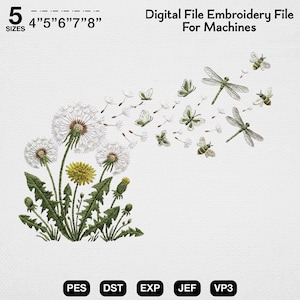 Könnte beinhalten: Eine digitale Stickdatei für Maschinen mit einem Löwenzahnmotiv, bei dem weiße Samen wegwehen, begleitet von grünen Libellen, Schmetterlingen und Bienen. Text beinhaltet: 5 SIZES 4"5"6"7"8", Digital File Embroidery File For Machines, PES, DST, EXP, JEF, VP3.