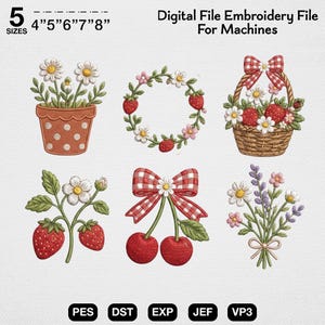 May include: A digital embroidery file set for machines featuring six designs: a potted daisy plant, a strawberry and daisy wreath, a strawberry basket with a red gingham bow, a strawberry plant, two cherries with a red gingham bow, and a floral bouquet.
