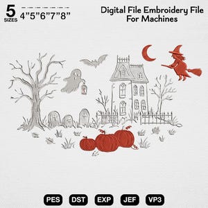 Borduurpatroon voor een spookhuis met Halloween-thema, griezelig spook, heks en pompoenborduurwerk, gotisch spookhuis als herfstdecoratie, cadeau