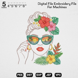 Op de afbeelding: Digitaal borduurbestand voor machines met een vrouwengezicht met een zonnebril die een zonsondergangscène weerspiegelt. Het ontwerp bevat bloemaccenten en de tekst "Digital File Embroidery File For Machines". Verkrijgbaar in 5 maten: 10.16cm, 12.7cm, 15.24cm, 17.78cm en 20.32cm.
