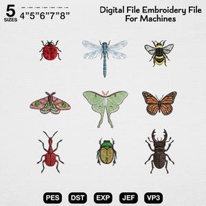 Insect Embroidery Design Bundle, Butterfly Bee Dragonfly Beetle Embroidery File, Nature Machine Embroidery Pattern Set