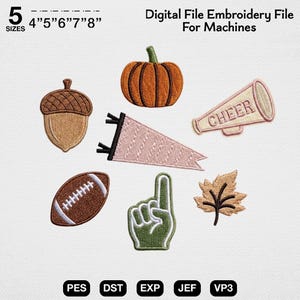 Stickset für Herbstsportarten, Stickmuster für Football-Anfeuerungsrufe, Herbstliche Spieltags-Symbole, Stickset für Schulgeist