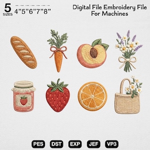 Op de afbeelding: Digitaal borduurpatroon met diverse voedselontwerpen, waaronder een baguette, wortel, perzik, lavendel, jampot, aardbei, sinaasappelschijf en een bloemenmand. Beschikbaar in 5 maten: 10.16 cm, 12.7 cm, 15.24 cm, 17.78 cm en 20.32 cm.