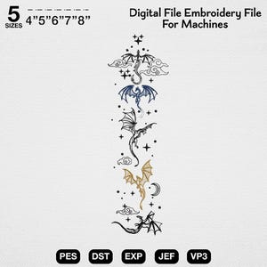 May include: A digital embroidery file for machines featuring a vertical design of five dragons in black, blue, and gold thread colors, interspersed with stars, clouds, and a crescent moon. Text includes 5 SIZES 4" 5" 6" 7" 8" and PES DST EXP JEF VP3.
