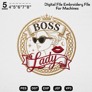 Puede incluir: Un diseño de bordado con el perfil de una persona con gafas de sol cat-eye, una corona y labios rojos. El texto dice BOSS y Lady. Enmarcado por un círculo de cuerda dorada con estrellas y una luna creciente. Incluye 5 tamaños: 4", 5", 6", 7", 8".