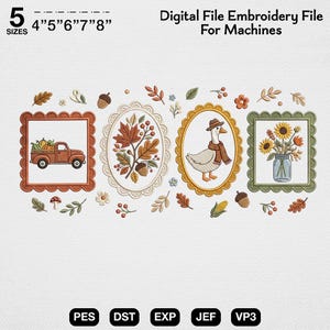 May include: Digital embroidery file for machines in 5 sizes: 4", 5", 6", 7", and 8". The design features four framed autumn motifs: a truck with pumpkins, fall foliage with acorns, a goose wearing a scarf, and a jar of sunflowers.