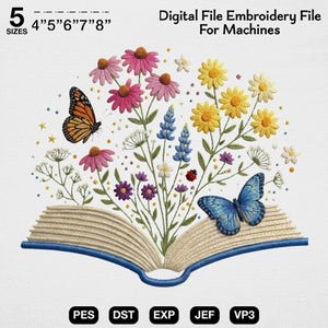 Può includere: Un disegno di ricamo con un libro aperto con fiori e farfalle. Il disegno comprende fiori rosa, gialli e blu, una farfalla monarca e una farfalla blu. Il disegno è disponibile in 5 misure, da 10,16 cm a 20,32 cm.