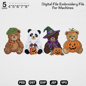 May include: A digital embroidery file for machines featuring four bears in Halloween costumes: one with a green cap and plaid scarf, one as a ghost holding a treat bag, one with a witch hat and purple bow, and one inside a carved pumpkin.
