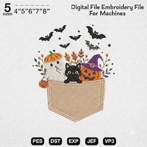 May include: Digital embroidery file for machines featuring a tan pocket containing a white ghost, a black cat, and an orange pumpkin with a purple witch hat. The design includes autumn leaves, small orange berries, and black bats. Text reads 5 SIZES 4" 5" 6" 7" 8" Digital File Embroidery File For Machines.