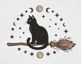Black Cat on Broom Embroidery Design, Witch Cat Embroidery, Halloween Moon Stars Gothic Witchcore Spooky Season Gift