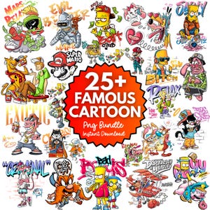 May include: A collection of over 25 cartoon character graphics in a PNG bundle. The images feature characters like Bart Simpson, Marvin the Martian, and Mario, with graffiti-style art and vibrant colors.