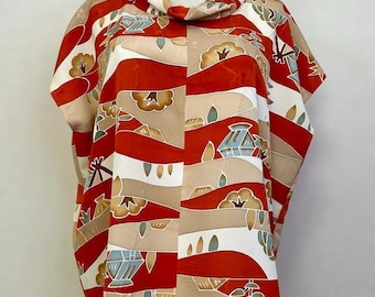 Kimono de cuello alto | Top japonés de seda rehecho | Blusa tipo túnica hecha a mano