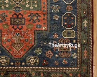 Alfombra Sumaru anudada a mano | Azul oscuro, naranja y verde 9x12 10x14 Alfombra turca Oushak de lana Alfombra de área Alfombra de decoración de interiores hecha a mano Alfombras personalizadas