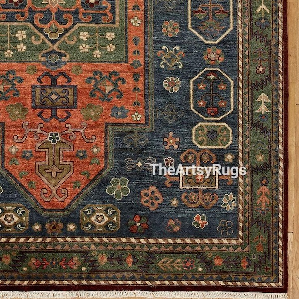 Tappeto Sumaru annodato a mano | Blu scuro, arancione e verde 9x12 10x14 Tappeto turco Oushak Tappeto in lana Tappeto decorativo per interni fatto a mano Tappeti personalizzati