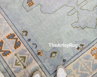 Lt. Green, Blue and Ivory Hand Knotted Wool Rugs 11x14 12x15 Turkish Oushak Rug Handmade Tribal Carpet, Living Room Bedroom Kitchen Area Rug