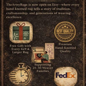 Puede incluir: Un anuncio de TheArtsyRugs, con texto e ilustraciones sobre un fondo oscuro. El texto destaca las alfombras anudadas a mano, la artesan&iacute;a y la tradici&oacute;n. Los iconos indican regalos gratuitos, calidad superior, apoyo a los tejedores y entrega r&aacute;pida.
