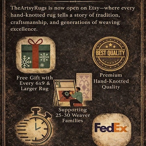 May include: An advertisement for TheArtsyRugs, featuring text and illustrations on a dark background. The text highlights hand-knotted rugs, craftsmanship, and tradition. Icons show a gift, a weaver, a clock, and the FedEx logo, emphasizing quality and delivery.