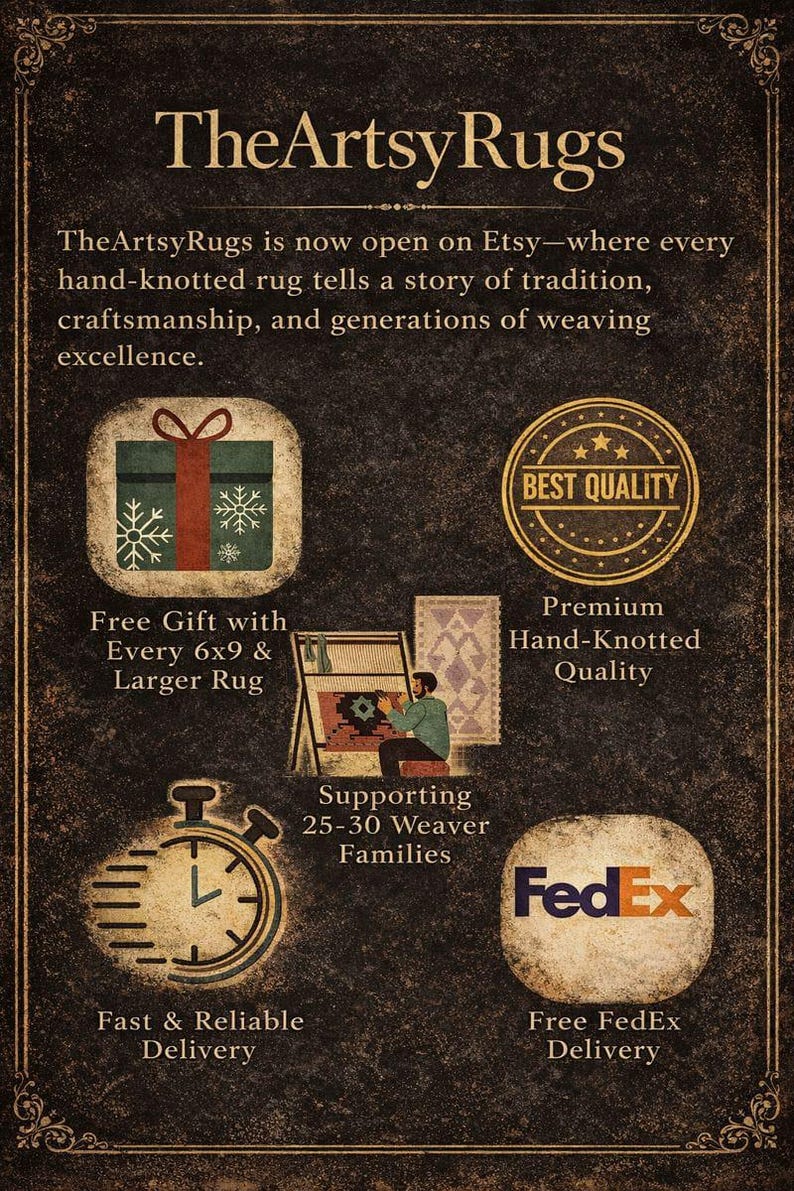 May include: An advertisement for TheArtsyRugs, featuring text and illustrations on a dark background. The text highlights hand-knotted rugs, craftsmanship, and tradition. Icons show a gift, a weaver, a clock, and the FedEx logo, emphasizing quality and delivery.