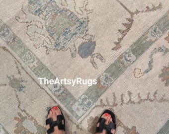 Alfombra de lana anudada a mano, beige apagado, verde, 9x13, alfombra turca, estilo decoración del hogar, alfombra hecha a mano, para sala de estar, dormitorio, pasillo, 9x12, 10x14