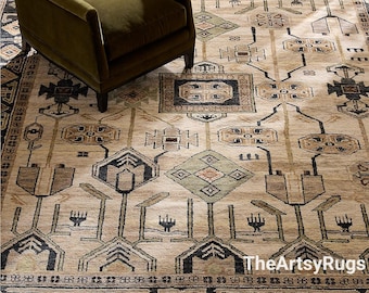 Taupe Wool Area Rug l Beige, Black Hand Knotted Rug l Turkish Oushak Rug 6x9 7x9 l Handmade Stylesh Rugs Living Dining Room Bedroom Rugs