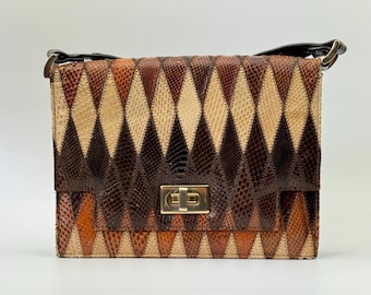 Bolso de hombro de piel de serpiente pitón patchwork de los años 70, bolso de cuero marrón