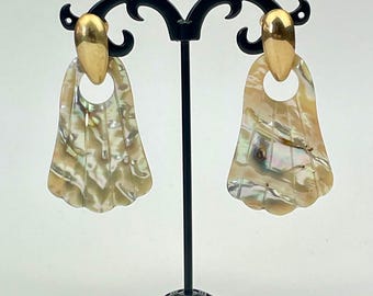 Pendientes vintage de concha marina y nácar de los años 80, pendientes iridiscentes con efecto océano, joyería de la Madre Tierra.