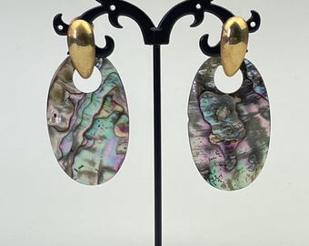 Pendientes perforados vintage de nácar — Pendientes colgantes de concha iridiscente — Joyería de concha de abulón orgánica — Pendientes llamativos de los años 80