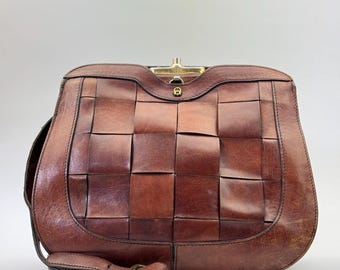 Vintage Aigner Woven Brown Leather Shoulder Bag 1970s