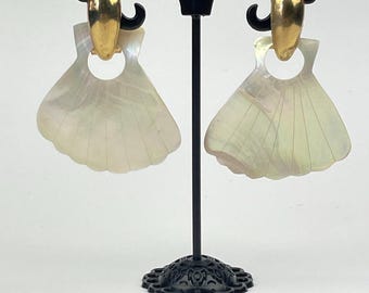 Pendientes vintage de concha marina de nácar orgánico de los años 80, joyería iridiscente Gaia Ocean.
