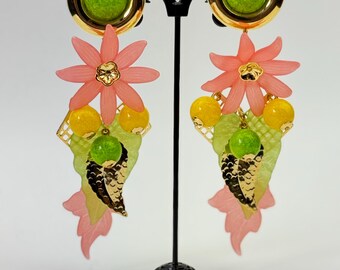 Pendientes de clip extragrandes estilo boho chic Flower Power vintage, fabricados en Italia a principios de los 90.