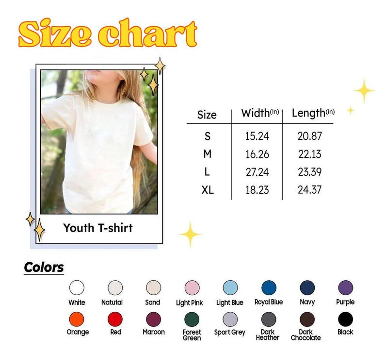 May include: Image of a youth t-shirt size chart with measurements in inches. The chart includes sizes S, M, L, and XL, with corresponding widths and lengths. Color options are also displayed, including white, natural, sand, light pink, light blue, royal blue, navy, purple, orange, red, maroon, forest green, sport grey, dark heather, dark chocolate, and black.