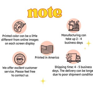 May include: White background with the word "note" in yellow. The image contains text and icons, including a palette, factory, American flag, a customer service badge, and a delivery truck. The text describes product details.